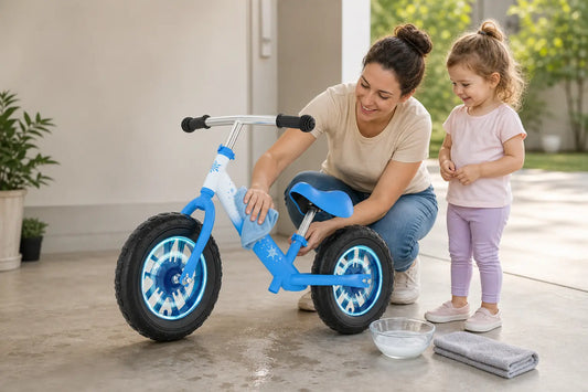 Parent cleaning a blue Frozen balance bike while a toddler girl watches