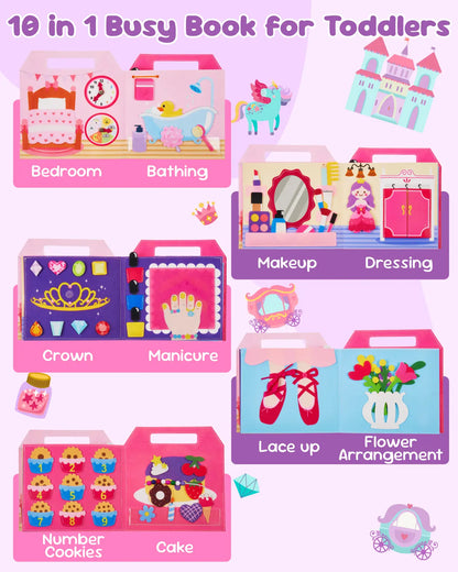 10 interactive sections in the princess toddler busy book, including bedroom, bathing, makeup, etc.