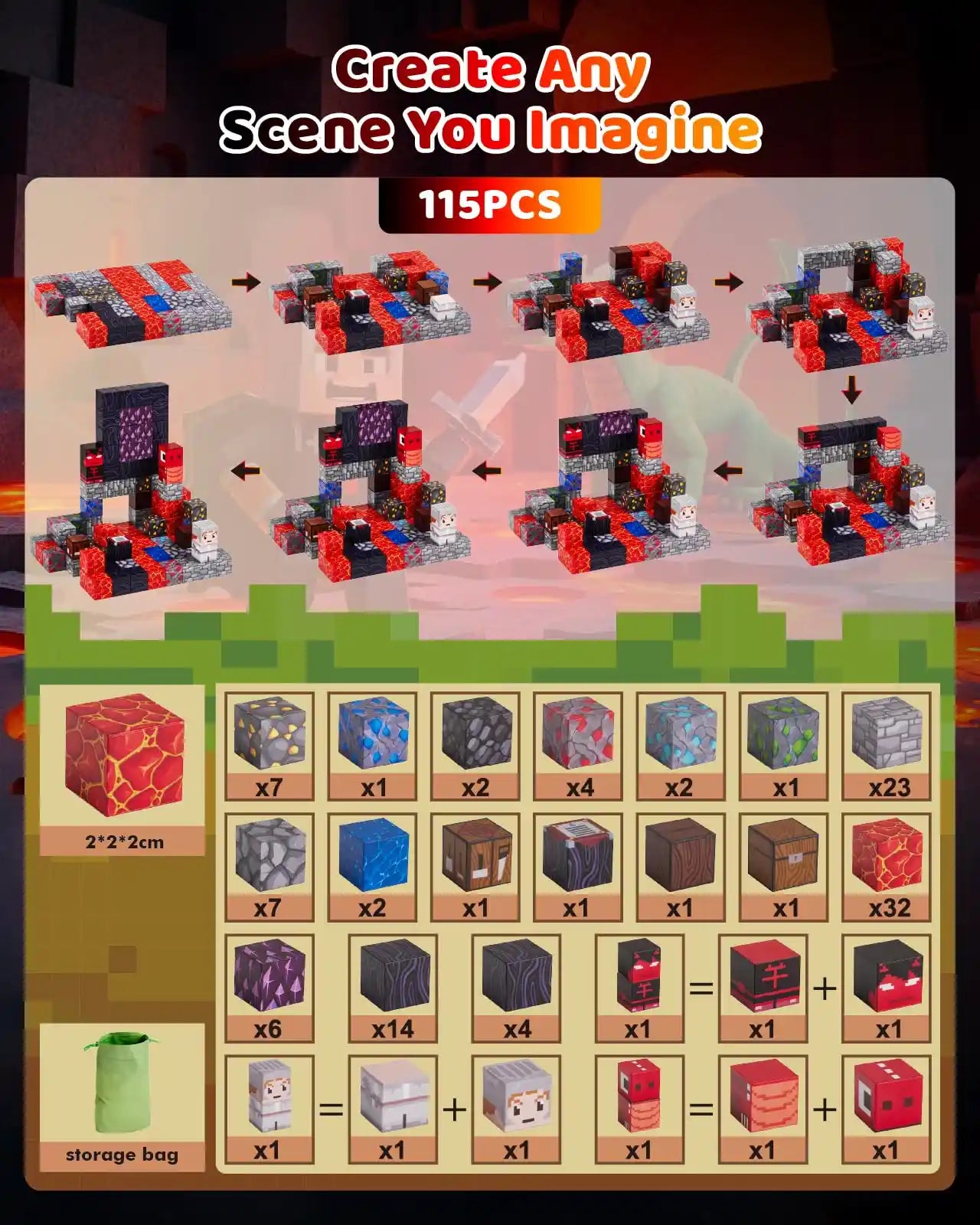 Gleamkid 115pcs volcano magnetic building blocks parts list showing lava cubes, storage bag, and step-by-step building guide.