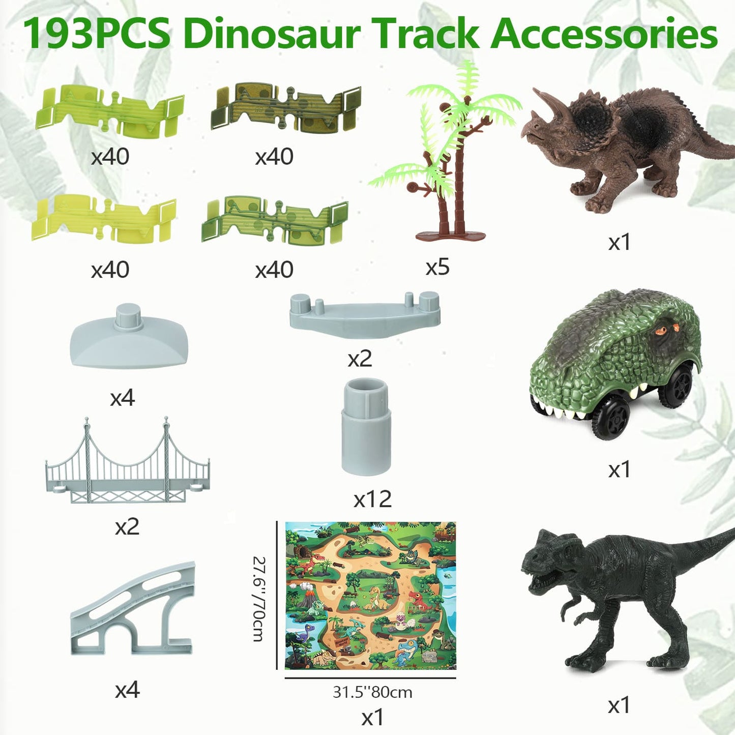 193PCS dinosaur track accessories including tracks, dinosaurs, trees. Components of the dinosaur world flexible track playset.