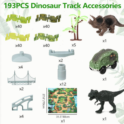 193PCS dinosaur track accessories including tracks, dinosaurs, trees. Components of the dinosaur world flexible track playset.