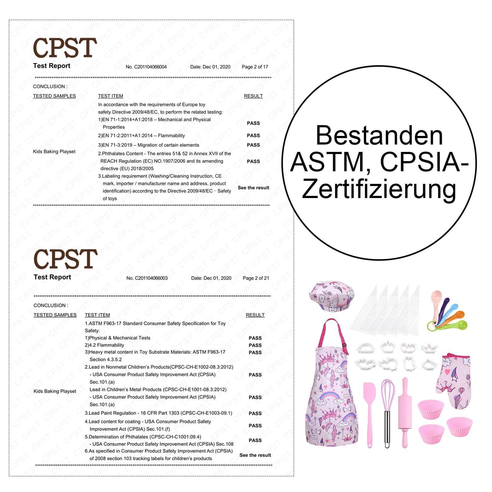 Gleamkid cooking and baking set for girls with ASTM and CPSIA certifications, ensuring safety and quality.