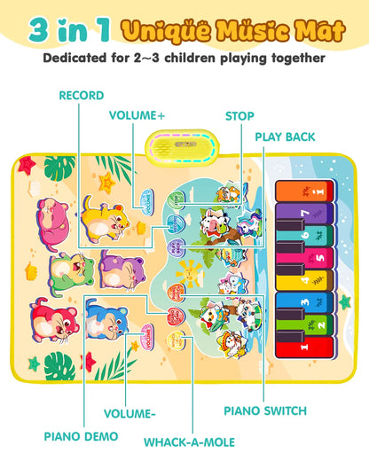 Detailed function diagram of the 3-in-1 musical piano mat, showing buttons for whack-a-mole, piano demo, record, playback, and volume control.