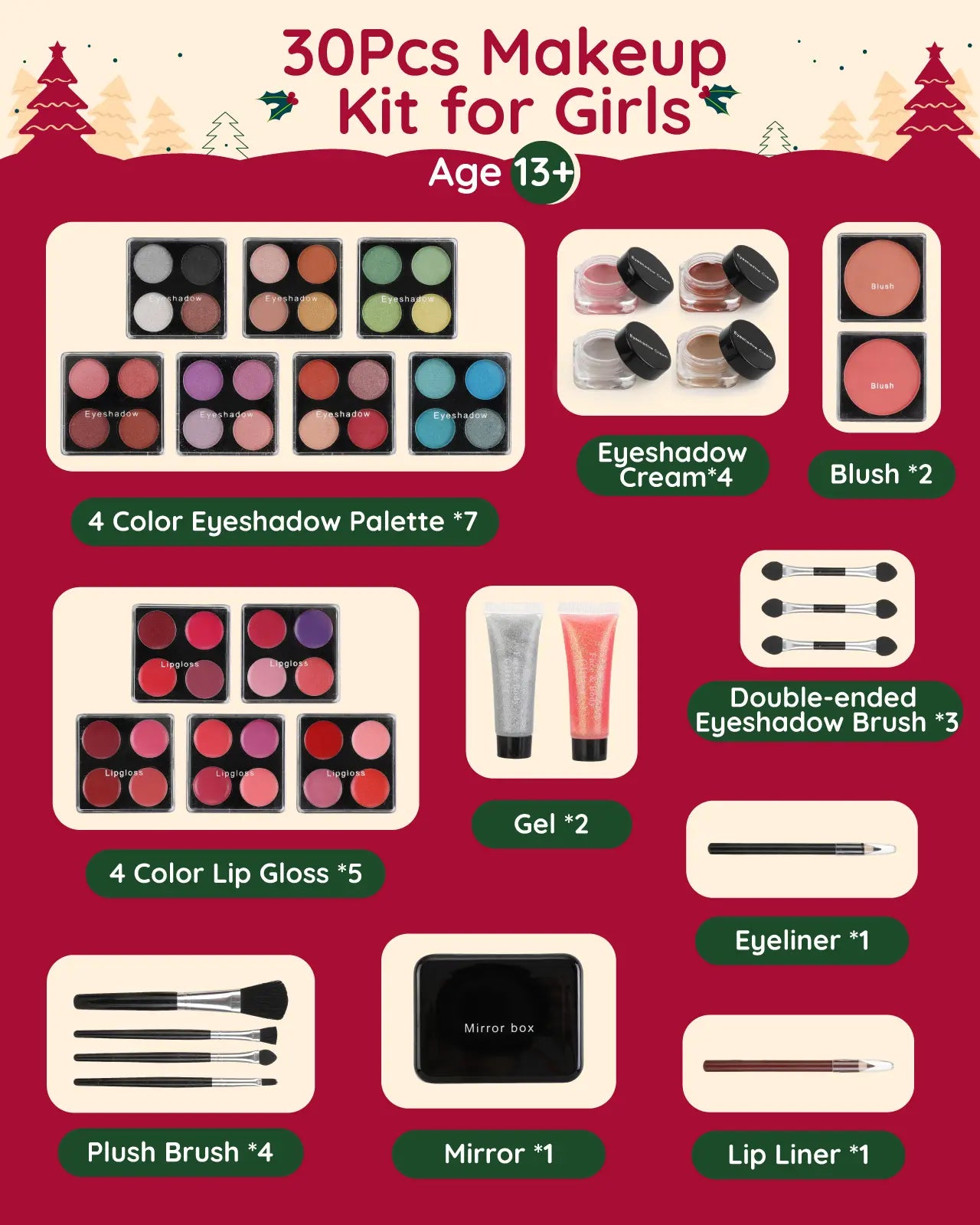 Detailed list of 30pcs makeup items in the Christmas advent calendar, including eyeshadow palettes, blushes, brushes, etc., for teens.