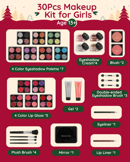 Detailed list of 30pcs makeup items in the Christmas advent calendar, including eyeshadow palettes, blushes, brushes, etc., for teens.