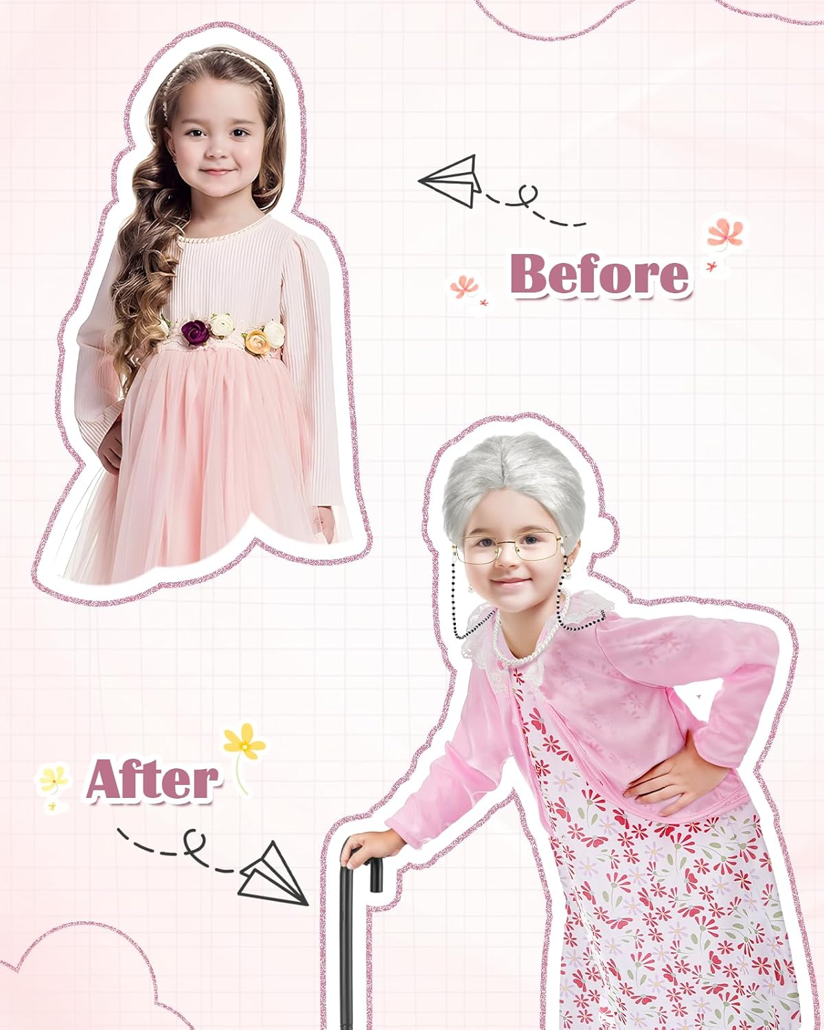 Old Lady Costume for Kids | Granny Dress Up Kit with Wig & Accessories Old Lady Costume for Kids | Granny Dress Up Kit with Wig & Accessories
