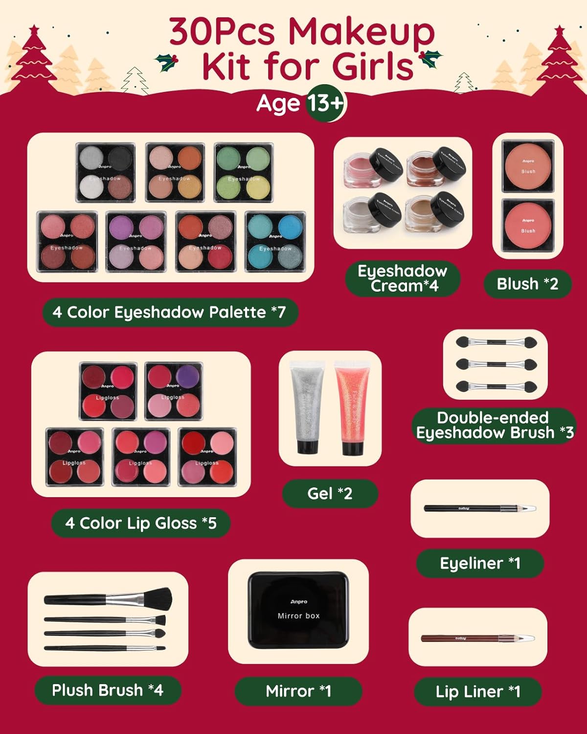 Christmas Makeup Advent Calendar for Teens Girls, 30pcs Christmas Countdown Calendar Makeup Gift Set, Xmas Gift Box Calendar for Teens Girls Full Kit