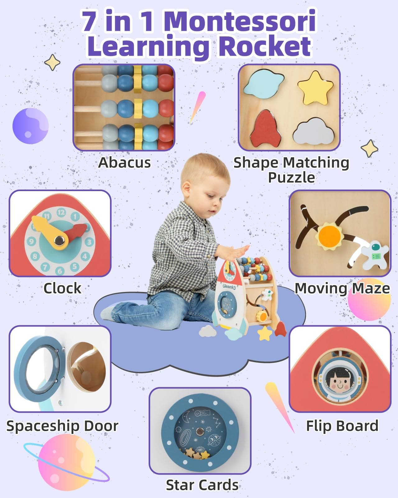7 in 1 Wooden Rocket Montessori Toys featuring abacus, shape matching puzzle, clock, and moving maze functions.