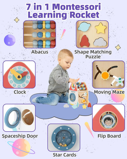 7 in 1 Wooden Rocket Montessori Toys featuring abacus, shape matching puzzle, clock, and moving maze functions.