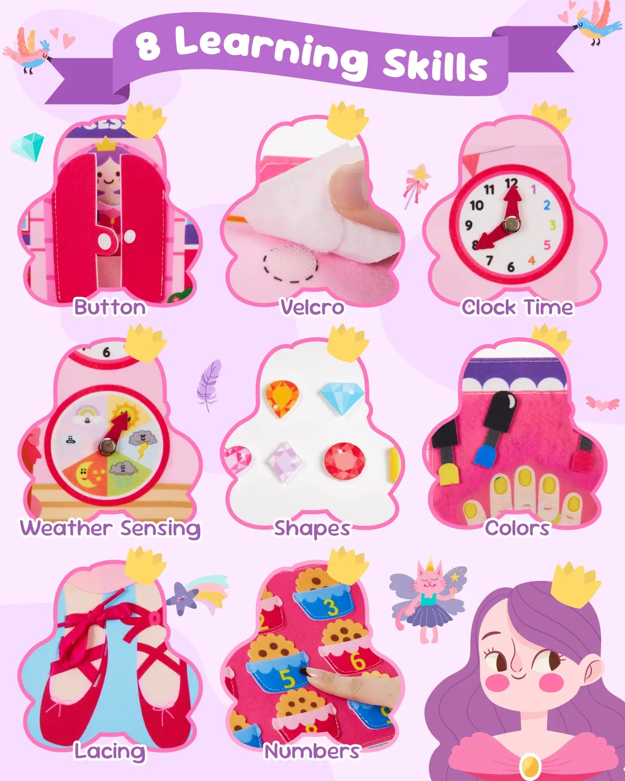 8 learning skills for princess busy board