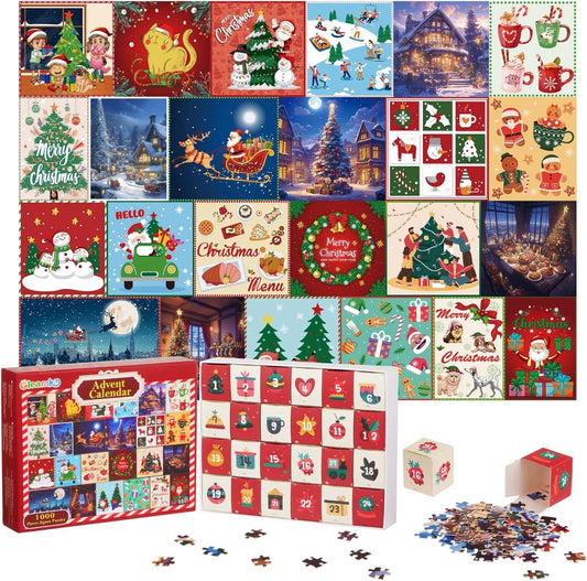 Advent Calendar 2024 Christmas Jigsaw Puzzle, 24 Days 1000 Pieces Christmas Countdown Calendar Puzzles, Holiday Christmas Puzzles as Christmas Home Decor for Kid Adult