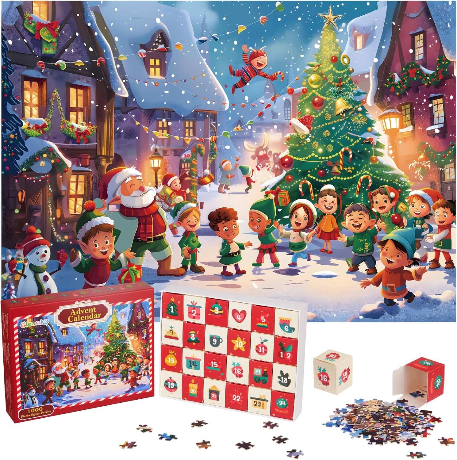 Advent Calendar 2024 Christmas Jigsaw Puzzle, 24 Days 1000 Pieces Christmas Countdown Calendar Puzzles, Holiday Christmas Puzzles as Christmas Home Decor for Kid Adult