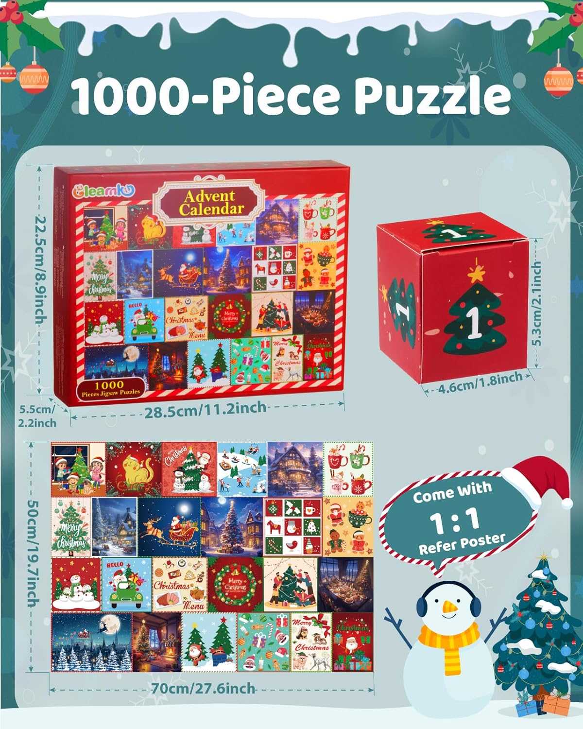 Advent Calendar 2024 Christmas Jigsaw Puzzle, 24 Days 1000 Pieces Christmas Countdown Calendar Puzzles, Holiday Christmas Puzzles as Christmas Home Decor for Kid Adult