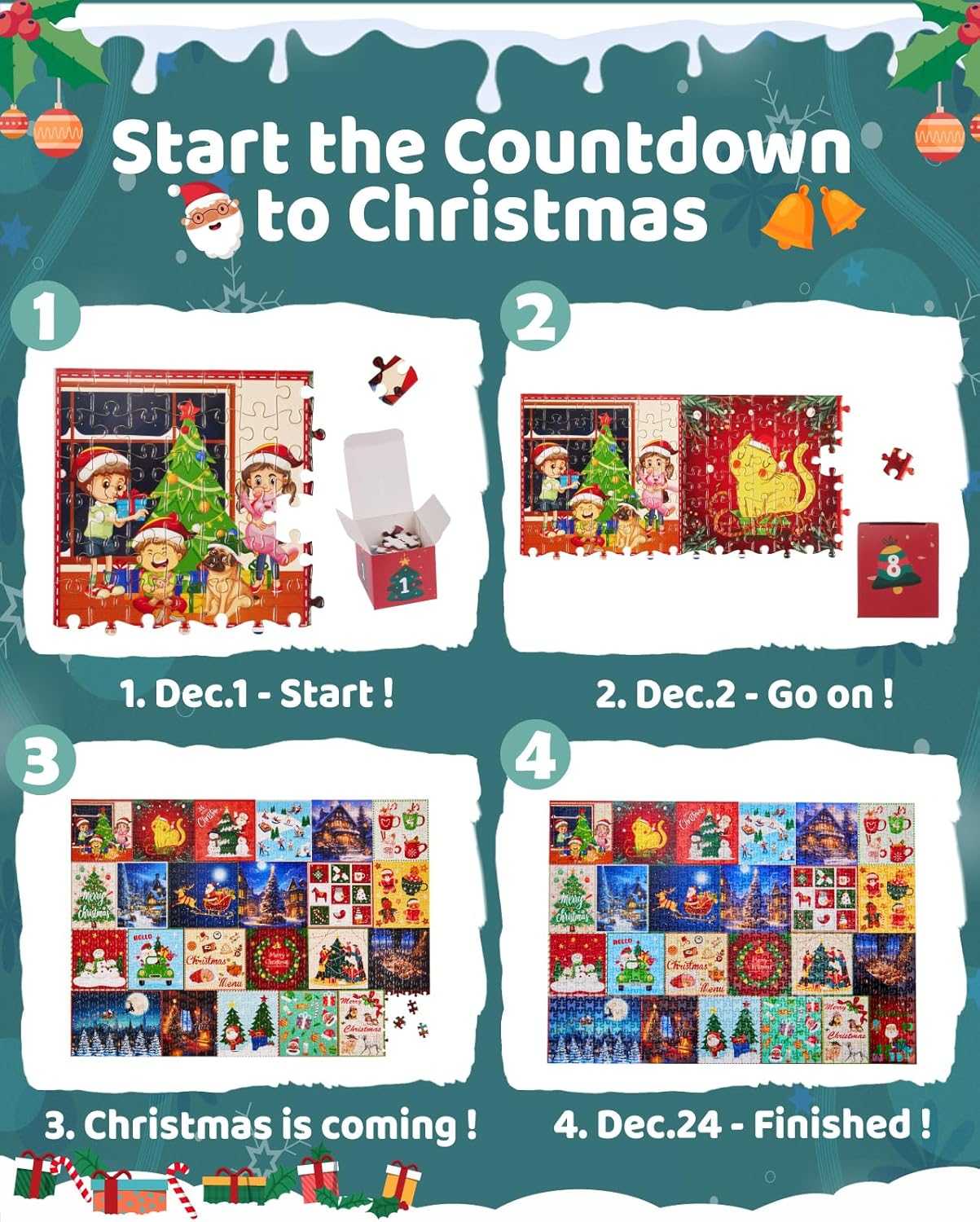 Advent Calendar 2024 Christmas Jigsaw Puzzle, 24 Days 1000 Pieces Christmas Countdown Calendar Puzzles, Holiday Christmas Puzzles as Christmas Home Decor for Kid Adult
