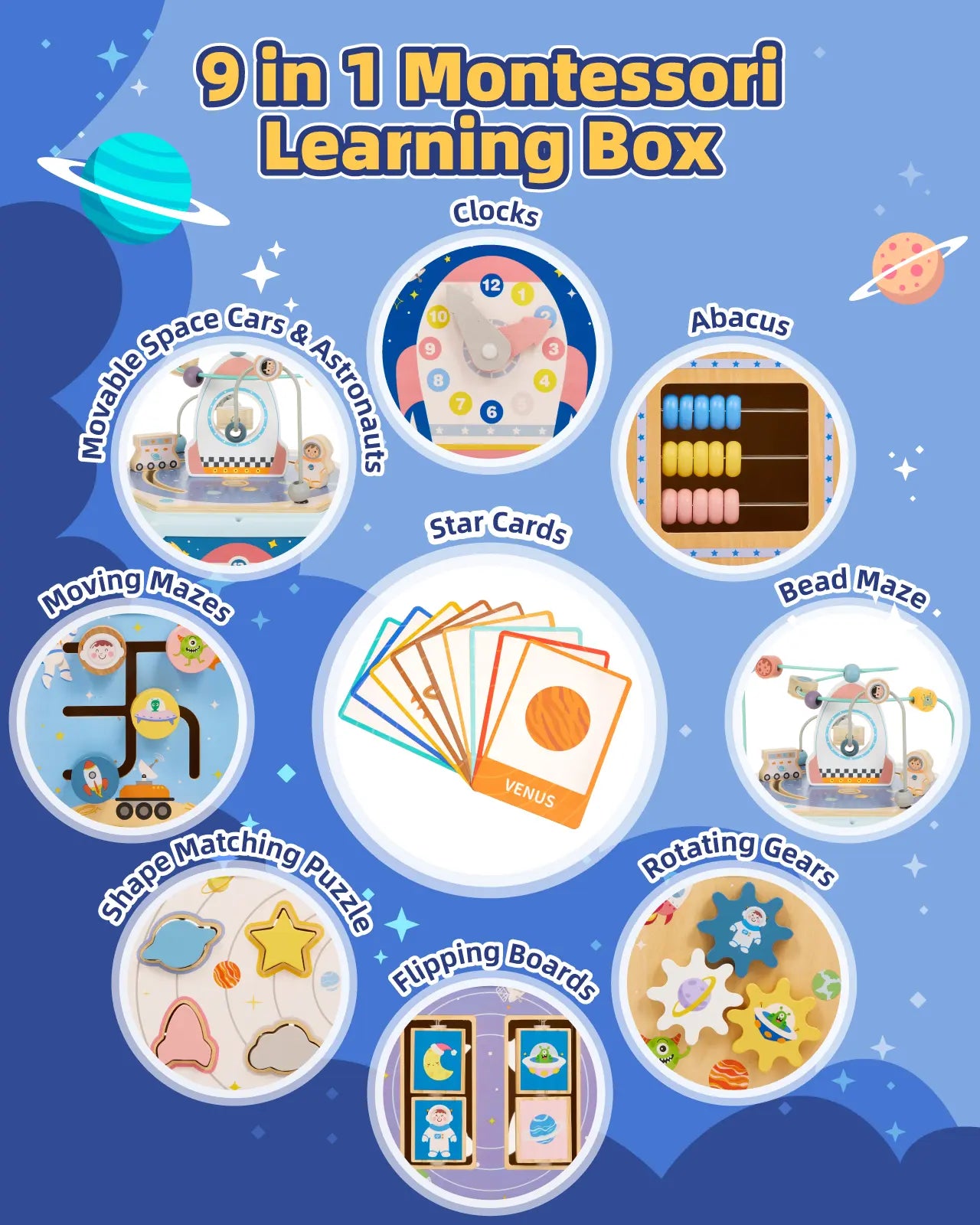 9-in-1 wooden montessori activity cube with clocks, abacus, bead maze.