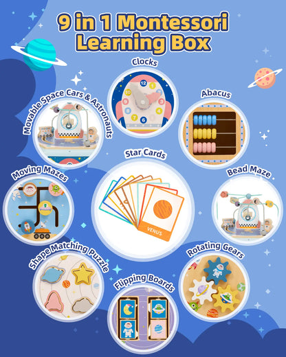 9-in-1 wooden montessori activity cube with clocks, abacus, bead maze.