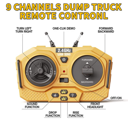 Gleamkid 9 channel dump truck remote control. 2.4GHz, labeled with functions like turn left/right, forward/backward, etc.