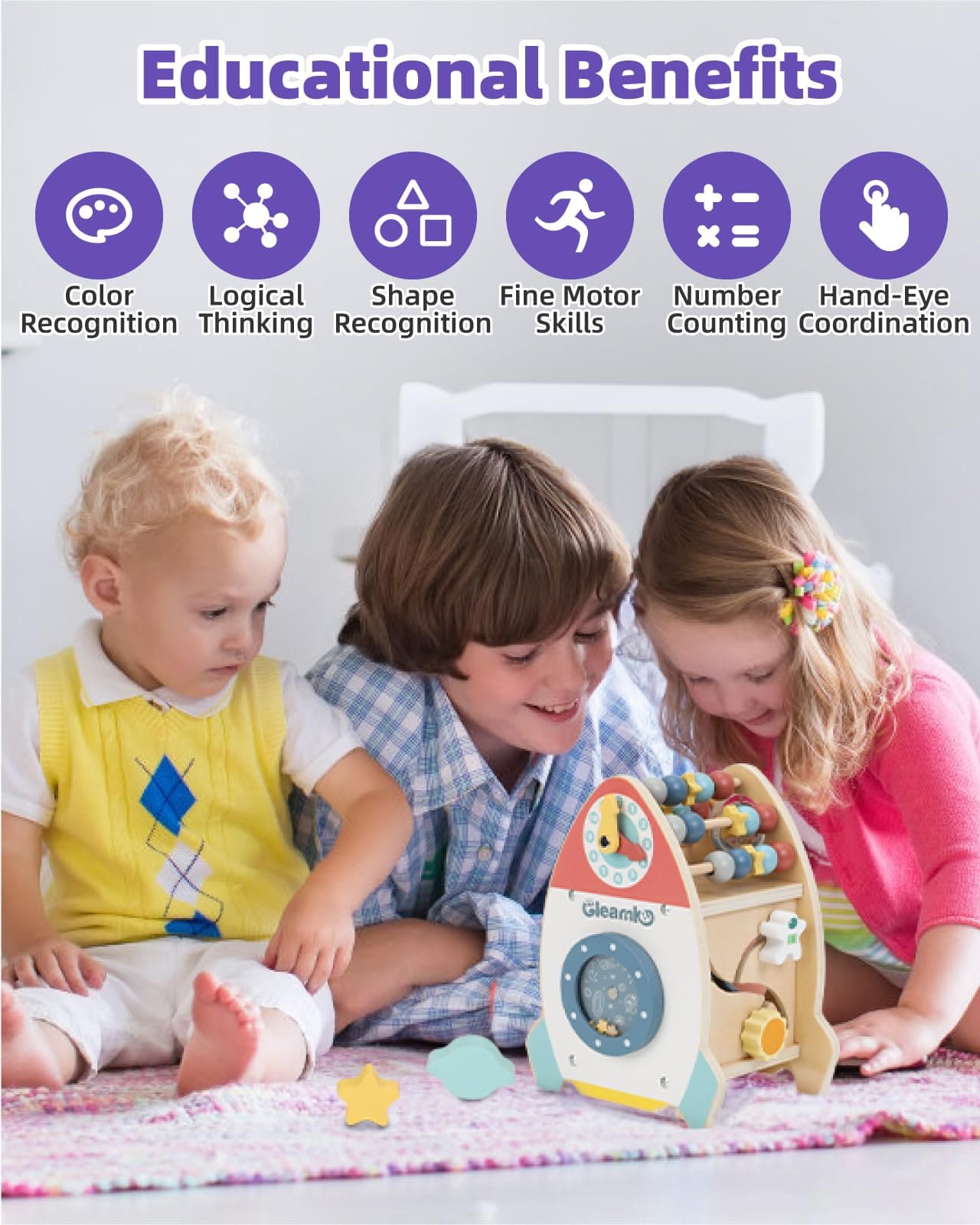 Kids playing with Wooden Rocket Montessori Toys to develop color recognition, logical thinking, and fine motor skills.