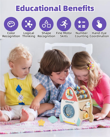Kids playing with Wooden Rocket Montessori Toys to develop color recognition, logical thinking, and fine motor skills.