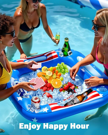 Individuals enjoying happy hour by a floating pool table