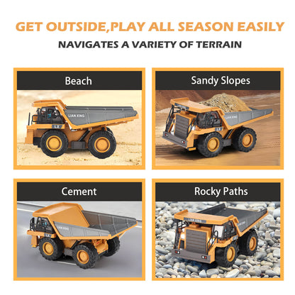  Gleamkid 9 channel remote control dump truck navigating various terrains like beach, sandy slopes, cement, and rocky paths. Ideal for all season play.