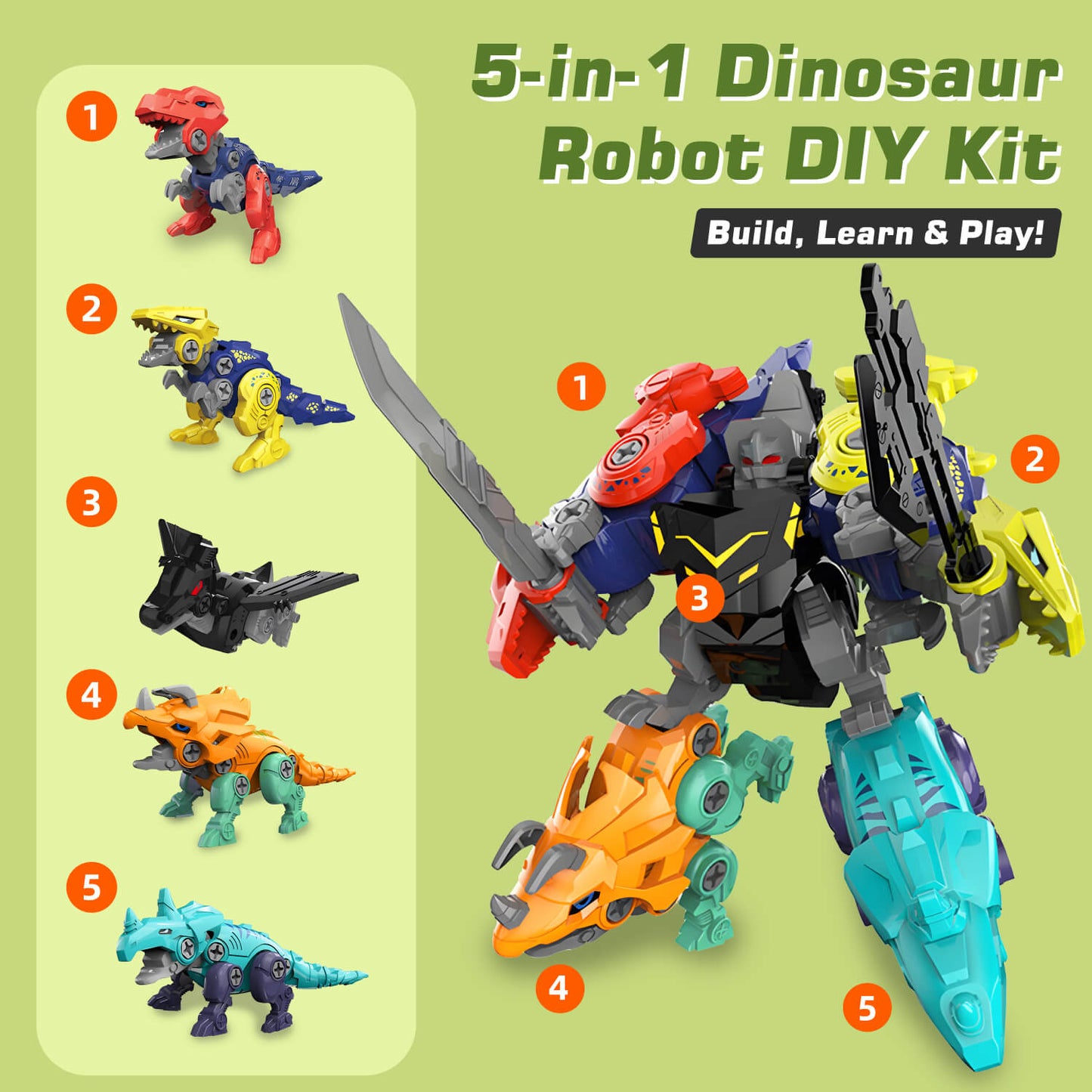5 in 1 Take Apart Dinosaur Transform Robot Toys