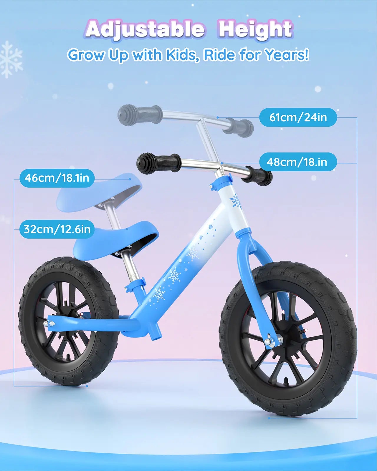 A diagram showing the adjustable height of the balance bike's seat (12.6-18.1 in) and handlebar (18-24 in).