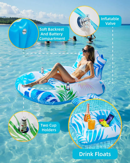 Adult pool float features including a soft backrest, two built-in cup holders, and a separate floating drink holder.
