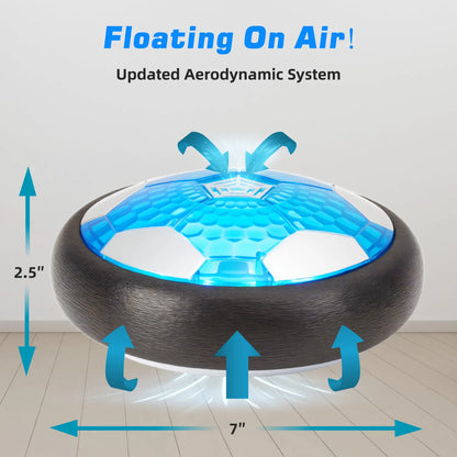 Aerodynamic floating soccer ball toy showing upward air flow design. Measures 7 inches wide and 2.5 high.