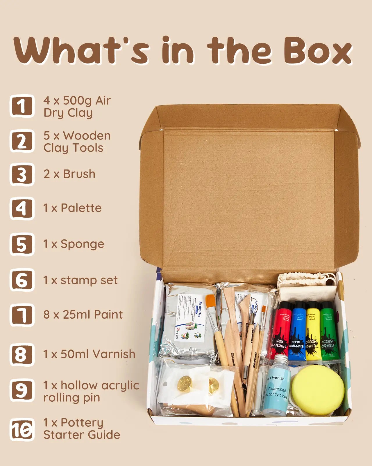 Opened box of air dry clay kit with clay, tools, paints, and pottery guide.