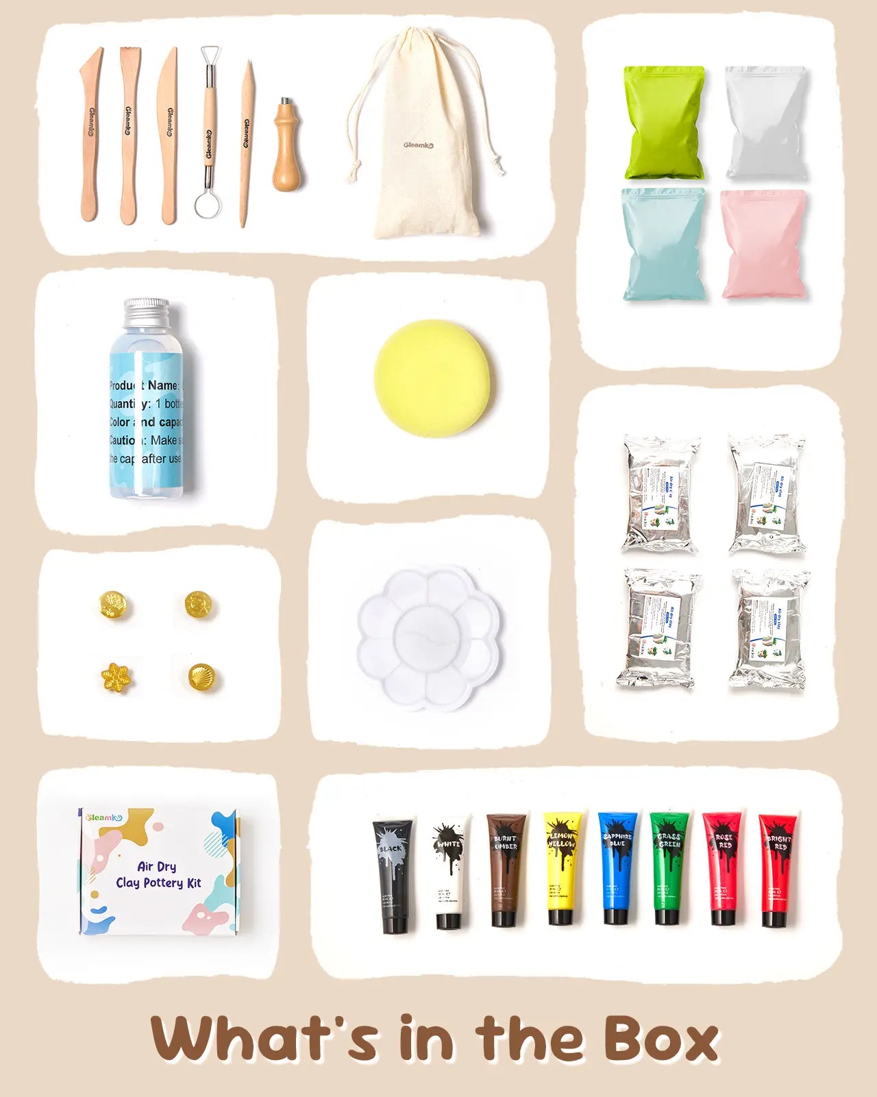 Detailed breakdown of air dry clay kit components: tools, clay, paints, and accessories.