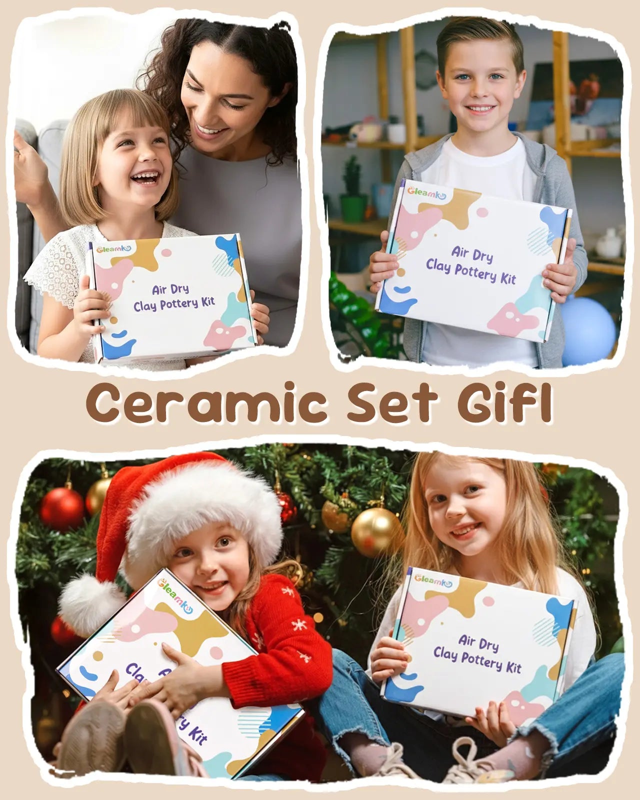 Happy children holding the Air Dry Clay Pottery Kit, a perfect Christmas or birthday gift for kids and teens.