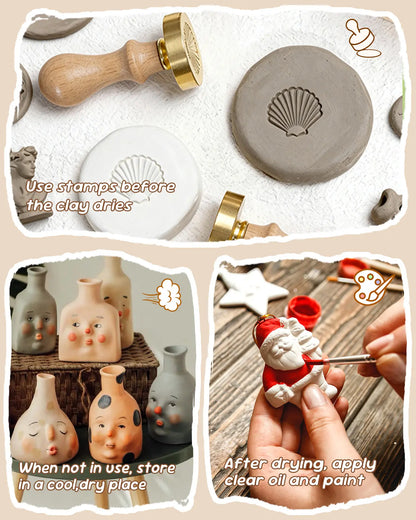 Step-by-step guide for air dry clay: stamping before drying, proper storage, and painting after drying.