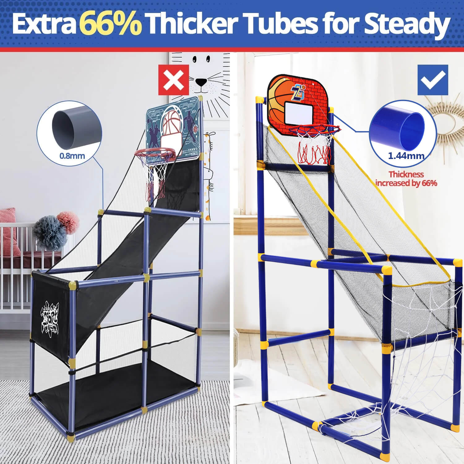 Thickness comparison of tubes in the Gleamkid basketball hoop soccer game toy, showing 66% thicker tubes for enhanced stability.