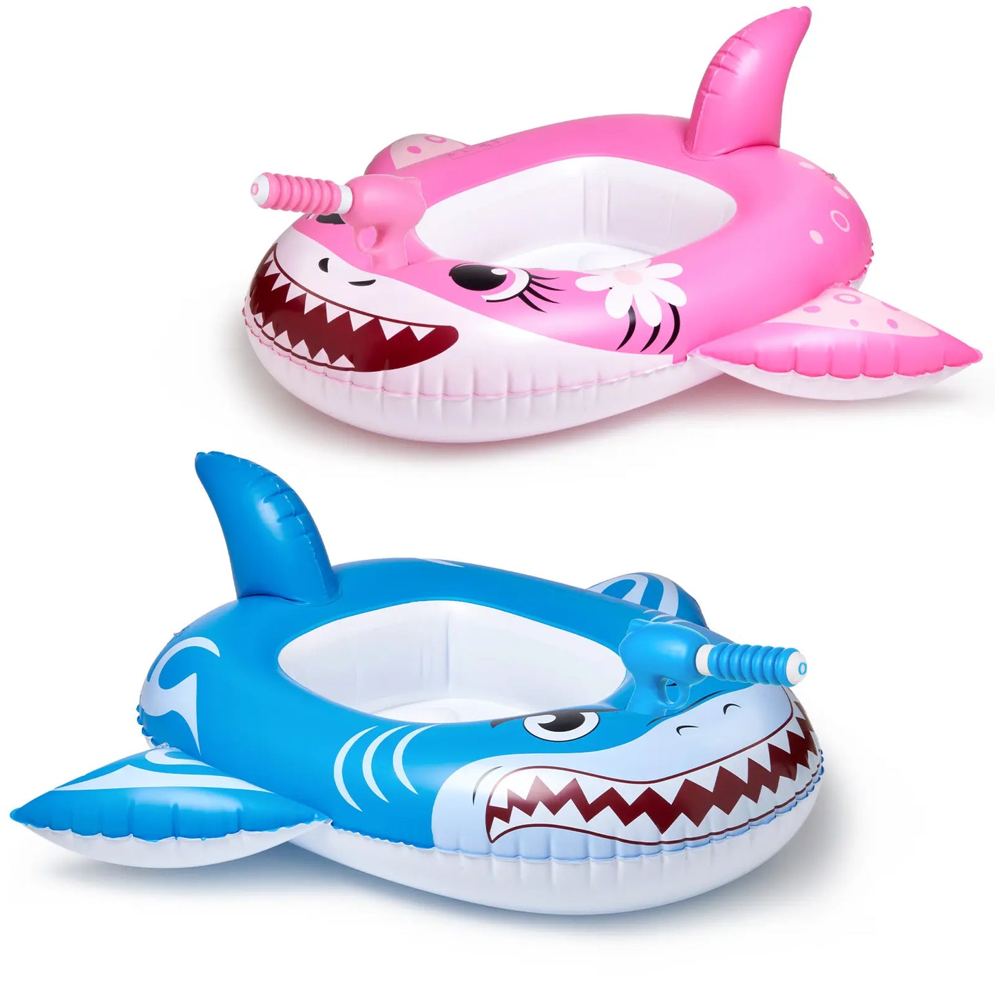 Inflatable blue and pink shark pool toys for kids ages 3-8.