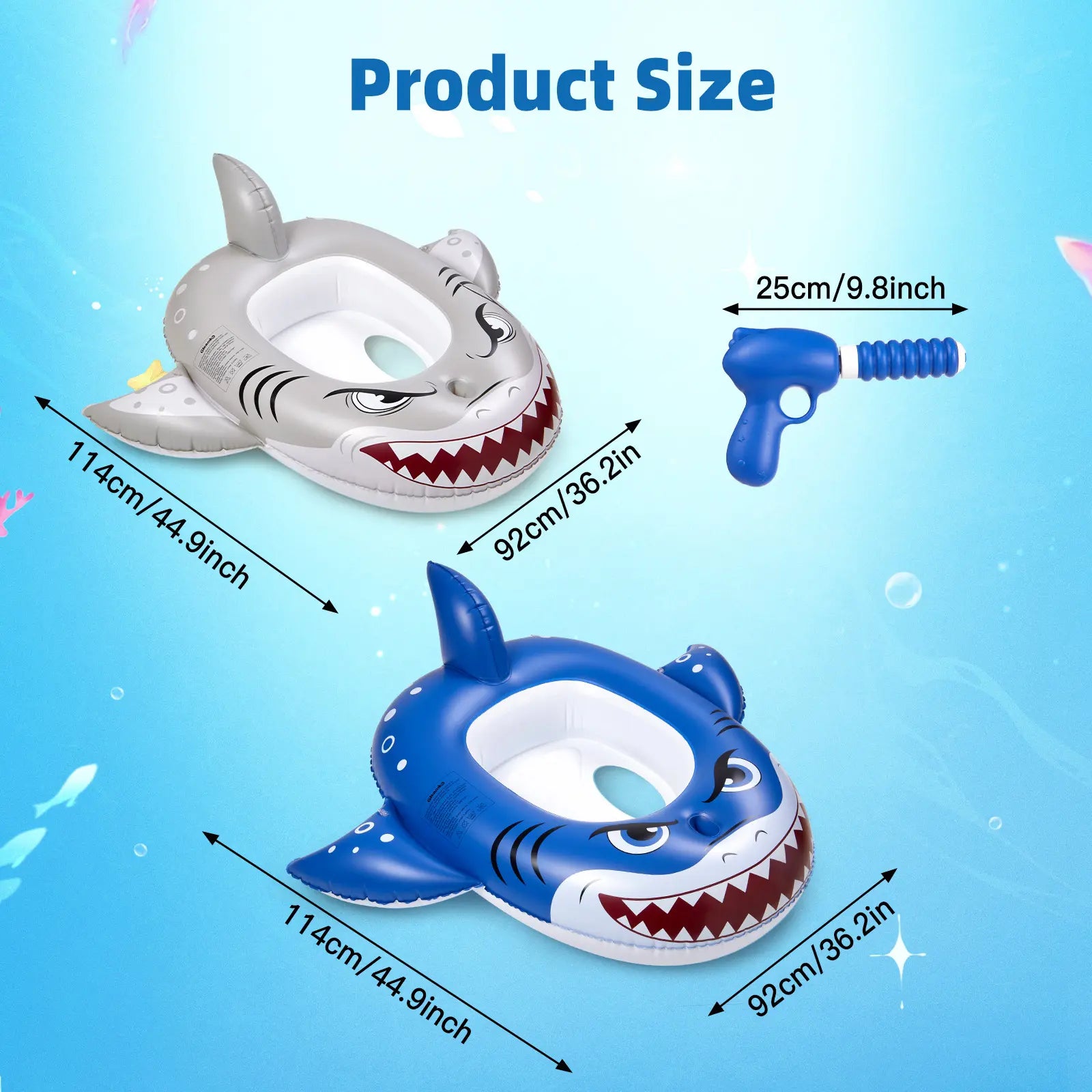 Size dimensions of the 2-pack blue and silver kids shark pool floats with water guns.
