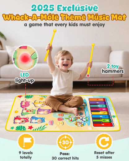 Excited boy with hammers playing the whack-a-mole game on the kids' musical piano mat, illustrating 9 levels and LED lights.
