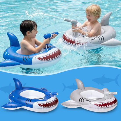 Kids enjoying a summer water gun battle in the pool with shark inflatable floats.