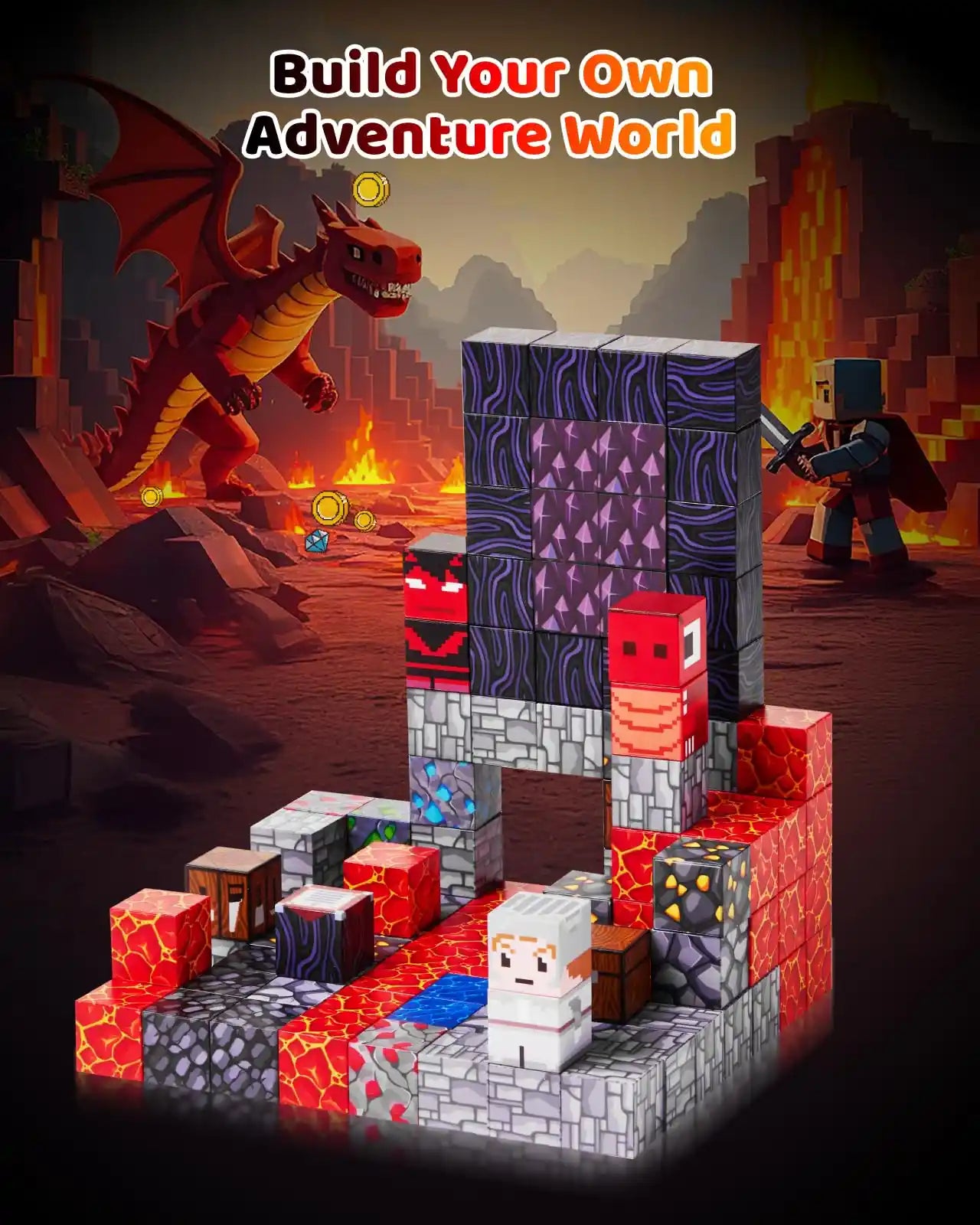 Volcano magnetic blocks adventure scene with a lava portal structure and dragon theme background.