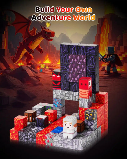 Volcano magnetic blocks adventure scene with a lava portal structure and dragon theme background.