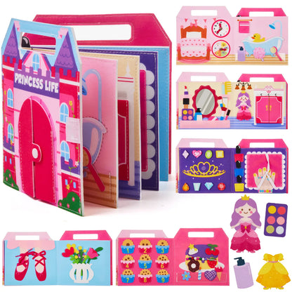 Inside view of princess toddler busy book with various interactive pages and accessories.