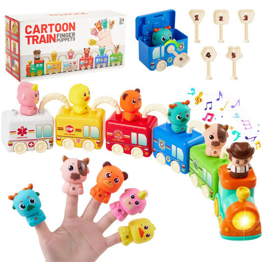 Montessori train set with cartoon vehicles and finger puppets, plus music. 