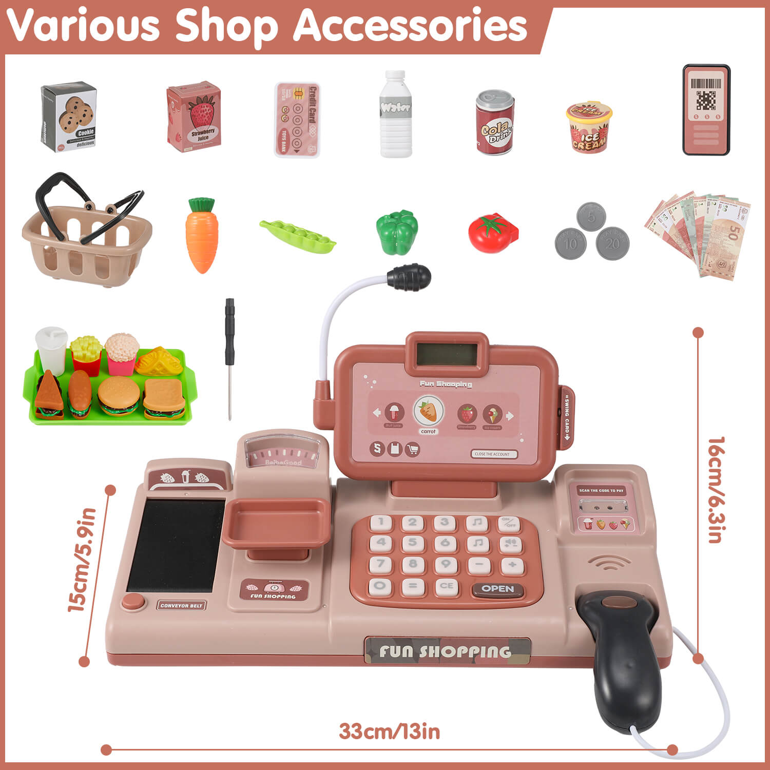 The various accessories and dimensions of the cash register toy, including the full play food set and basket.