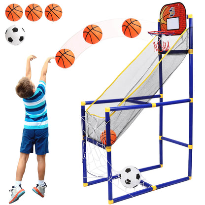 A child playing basketball with the Gleamkid 2 in 1 basketball hoop soccer game toy, demonstrating its basketball play function.