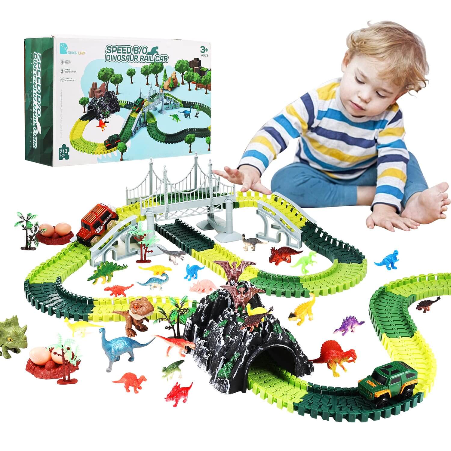 Child enjoying Anpro dinosaur race car track set. Ideal for kids aged 3+