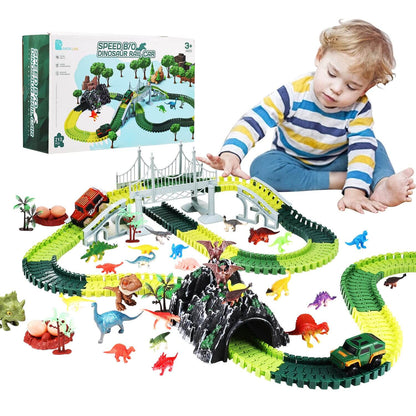 Child enjoying Anpro dinosaur race car track set. Ideal for kids aged 3+