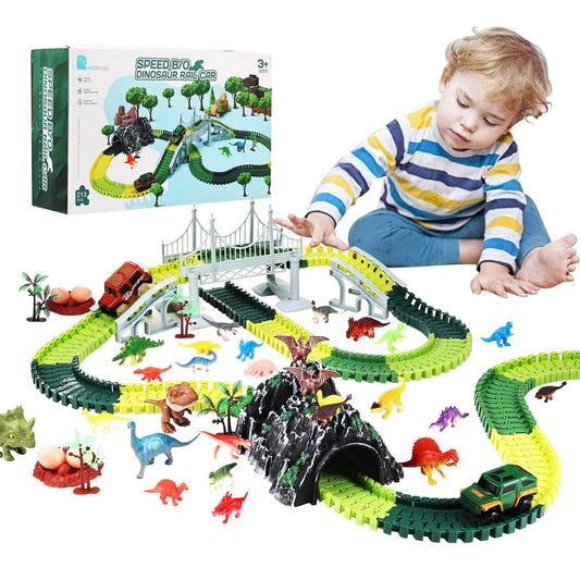 Child enjoying Anpro dinosaur race car track set. Ideal for kids aged 3+