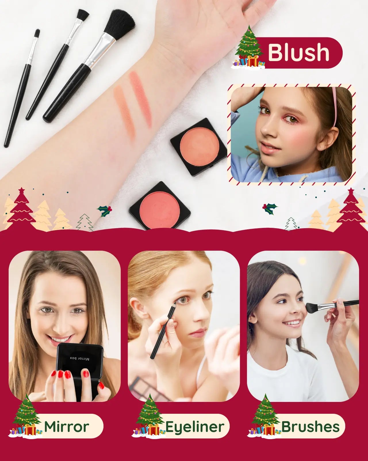 Blush, makeup brushes, and mirror from Christmas makeup advent calendar for teens, showing details of the 2025 beauty countdown gift set.