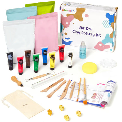 All 51 pieces of the complete air dry clay kit with tools and paints, including clay, brushes, and sculpting tools.