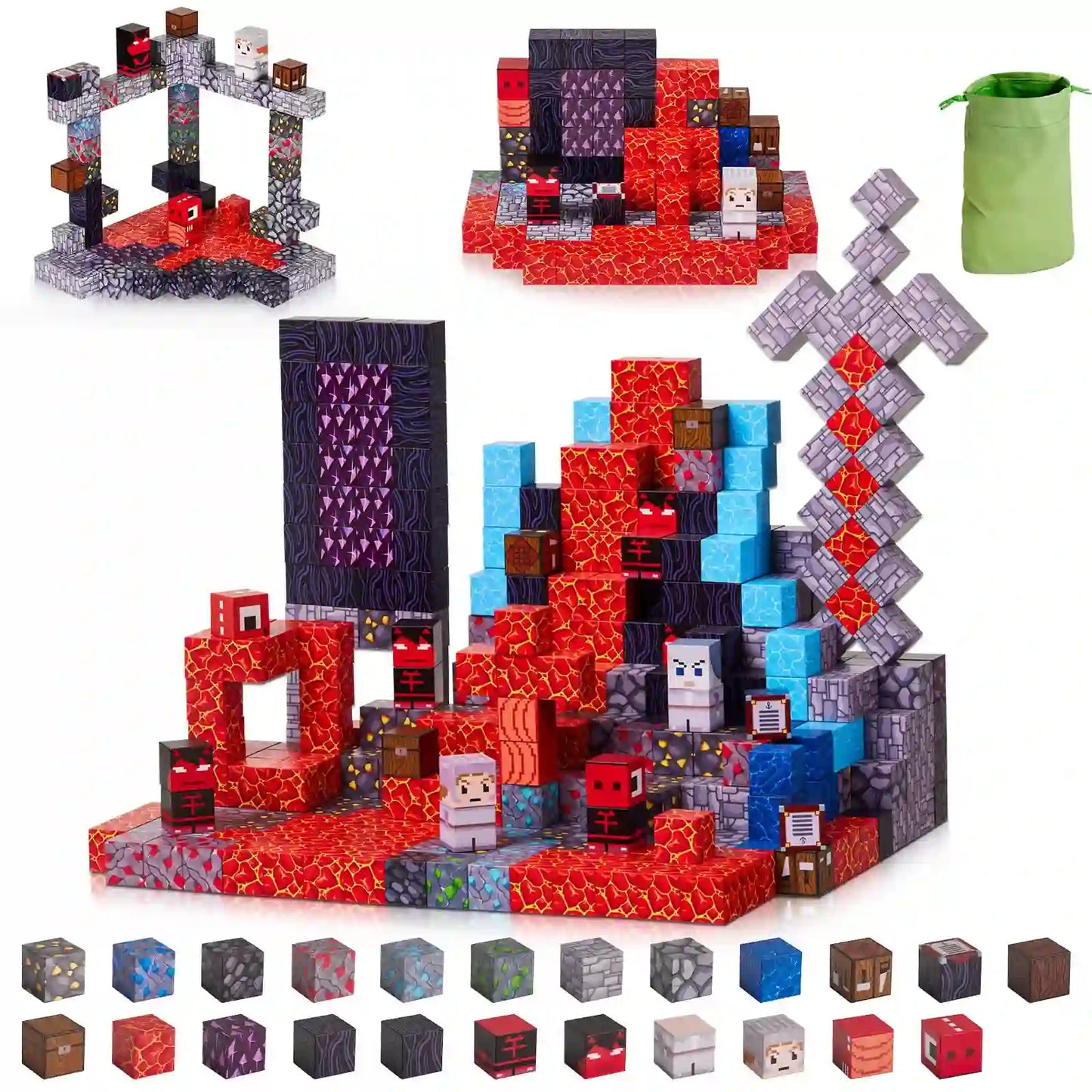 Complete 115-piece volcano magnetic blocks set with lava texture cubes, dragon sword, and storage bag.